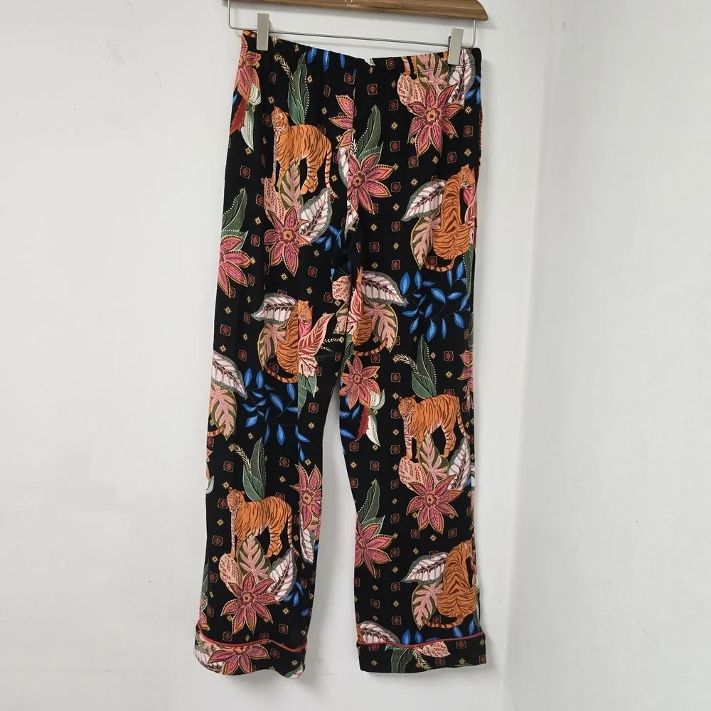 Room Service Tiger Print Pajama Set Black Floral Size S Button Up Cozy Lounge - Picture 7 of 10